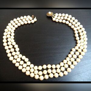 VINTAGE SIGNED DANECRAFT STERLING GLASS PEARL TRIPLE STRAND 17" NECKLACE